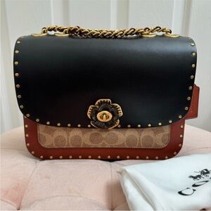 Coach Madison Shoulder Bag In Signature Canvas With Rivets And Snakeskin Detail